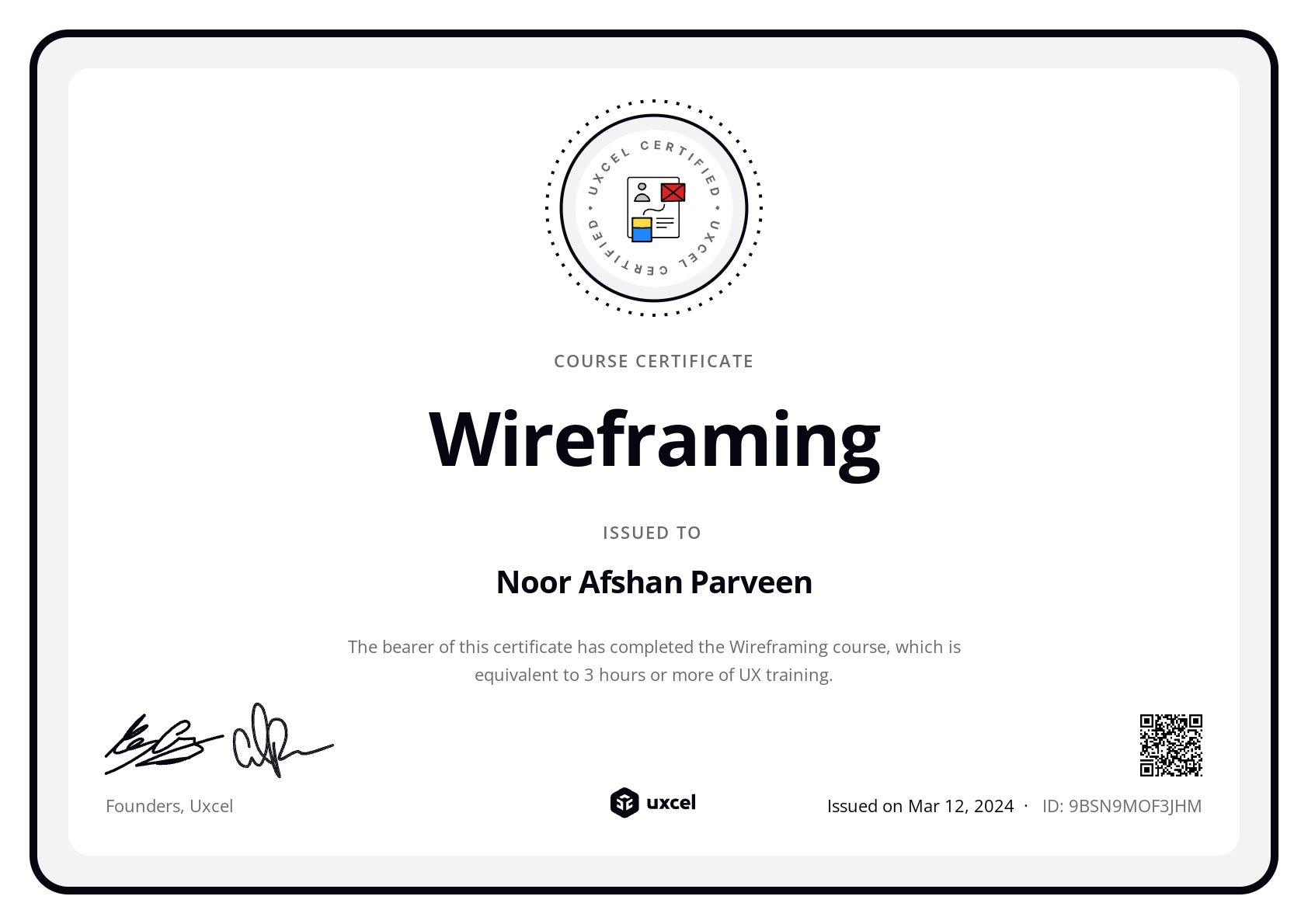 Noor Afshan Parveen's certificate